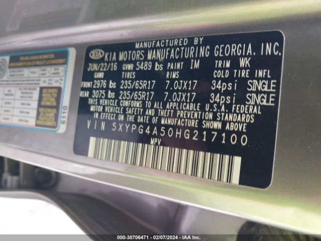 5XYPG4A50HG217100 KIA Sorento 3.3l Lx