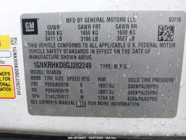Chevrolet Traverse 2lt 2016 1GNKRHKD8GJ282249 Image 9