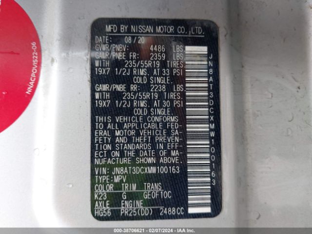 JN8AT3DCXMW100163 Nissan Rogue Platinum Fwd