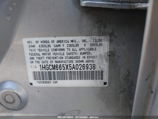 2005 HONDA ACCORD 3.0 EX VIN: 1HGCM665X5A026938