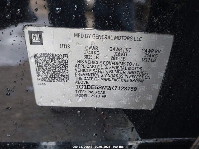 Chevrolet CRUZE LT 2019 1G1BE5SM2K7123759 Image 9