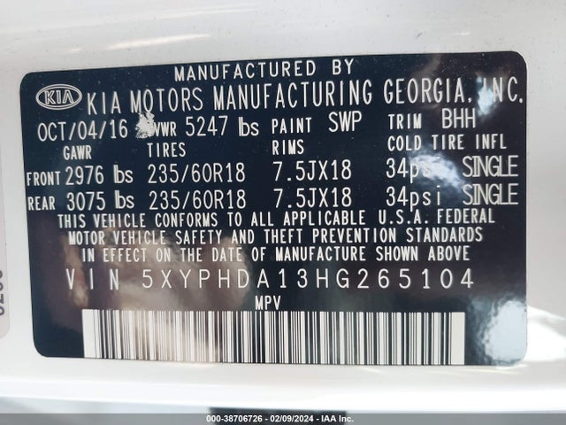 2017 KIA SORENTO 2.0T EX VIN: 5XYPHDA13HG265104