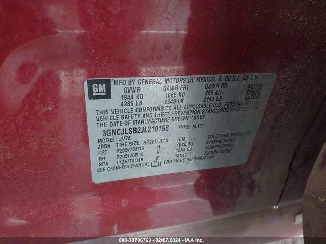 Chevrolet Trax Lt 2018 3GNCJLSB2JL210198 Image 9