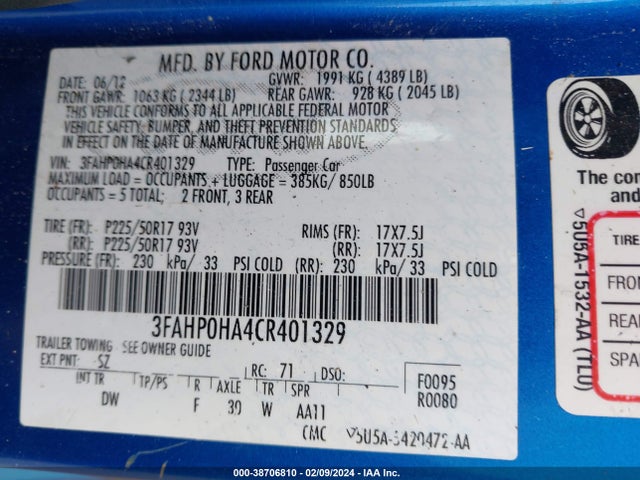 2012 FORD FUSION SE VIN: 3FAHP0HA4CR401329