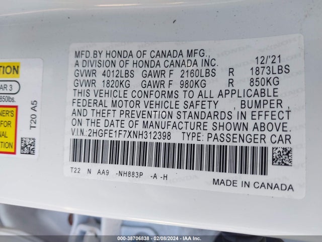 Honda CIVIC EX 2022 2HGFE1F7XNH312398 Image 9