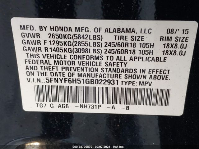 5FNYF6H51GB022931 Honda Pilot Ex-l