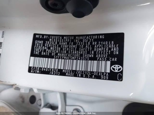 Toyota COROLLA LE 2021 5YFEPMAE5MP243575 Image 9