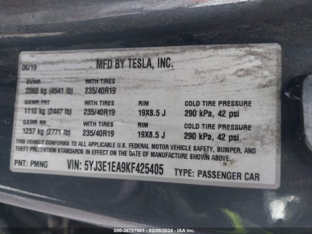 5YJ3E1EA9KF425405 Tesla Model 3 Long Range/mid Range/standard Range/standard Range Plus