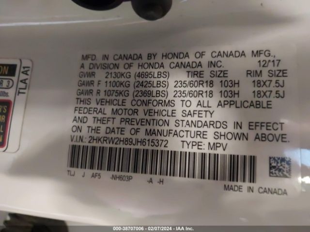 2HKRW2H89JH615372 Honda Cr-v Ex-l/ex-l Navi