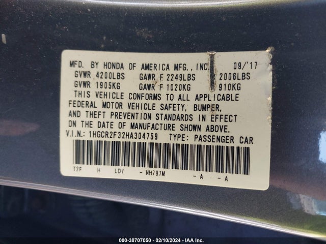 Honda ACCORD LX 2017 1HGCR2F32HA304759 Image 9