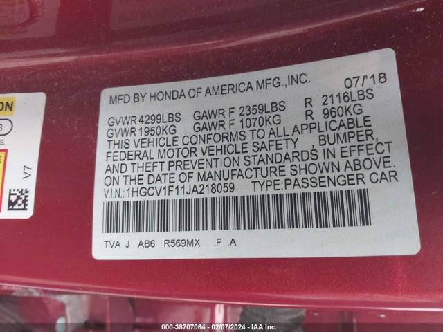 Honda ACCORD LX 2018 1HGCV1F11JA218059 Image 9