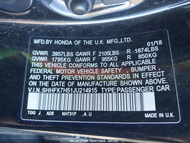 Honda CIVIC EX 2018 SHHFK7H51JU214915 Image 9