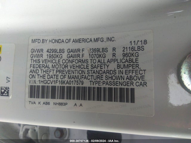 Honda ACCORD LX 2019 1HGCV1F16KA017579 Image 9