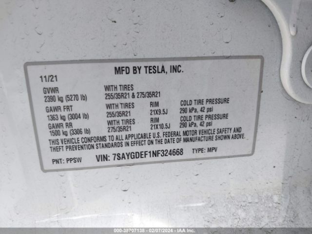 2022 TESLA MODEL Y 7SAYGDEF1NF324668 Photo 8