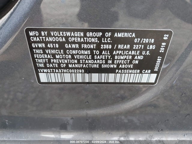 1VWGT7A37HC002293 Volkswagen Passat 1.8t Se