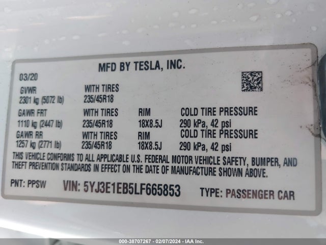 Tesla Model 3 Long Range Dual Motor All-wheel Drive 2020 5YJ3E1EB5LF665853 Image 9