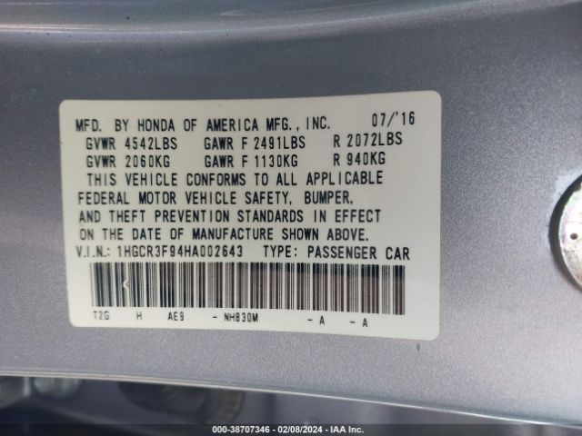 1HGCR3F94HA002643 Honda Accord Touring V6