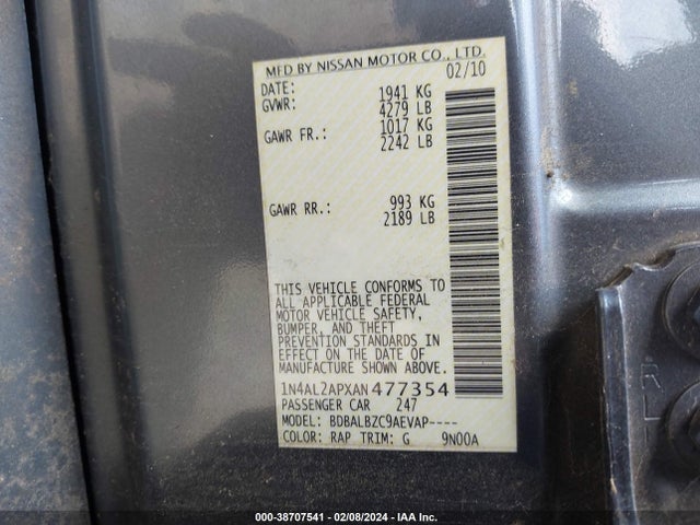 2010 NISSAN ALTIMA 2.5 S VIN: 1N4AL2APXAN477354