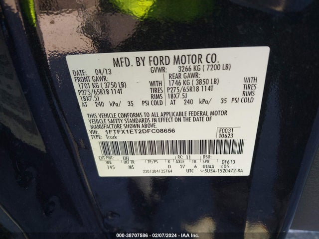 2013 FORD F-150 XLT VIN: 1FTFX1ET2DFC08656
