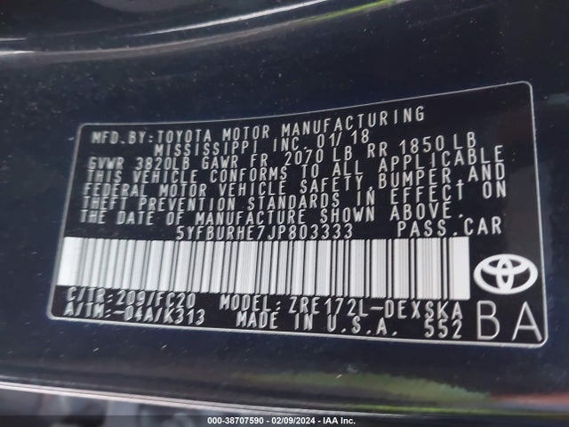Toyota COROLLA SE 2018 5YFBURHE7JP803333 Image 9