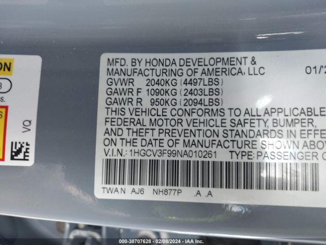 1HGCV3F99NA010261 Honda Accord Hybrid Touring