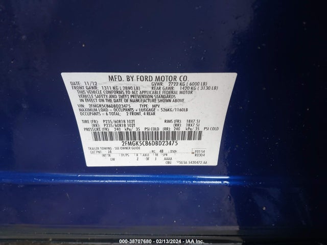 2013 FORD FLEX SEL VIN: 2FMGK5C86DBD23475