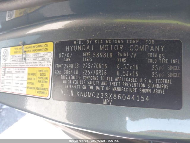 2008 HYUNDAI ENTOURAGE GLS/LIMITED VIN: KNDMC233X86044154