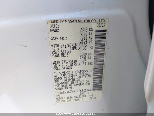 Nissan MURANO SV 2017 5N1AZ2MG7HN198244 Image 9