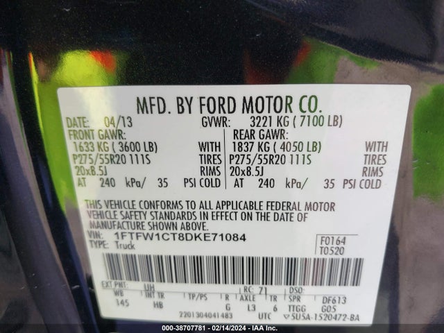 2013 FORD F-150 LARIAT VIN: 1FTFW1CT8DKE71084