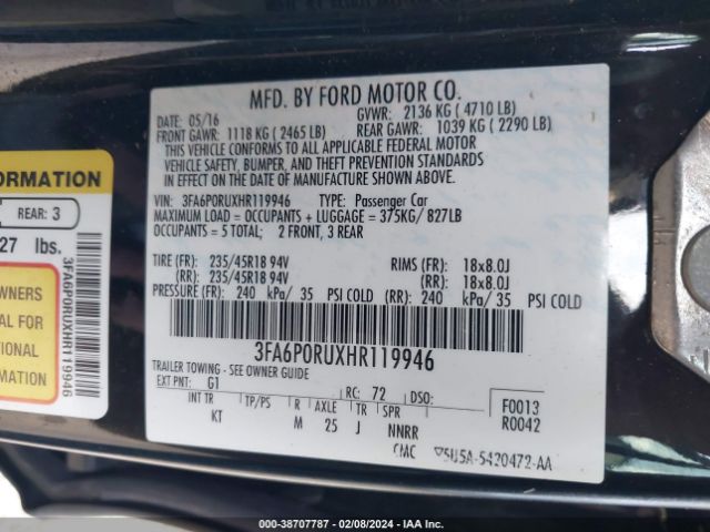 3FA6P0RUXHR119946 Ford Fusion Hybrid Titanium