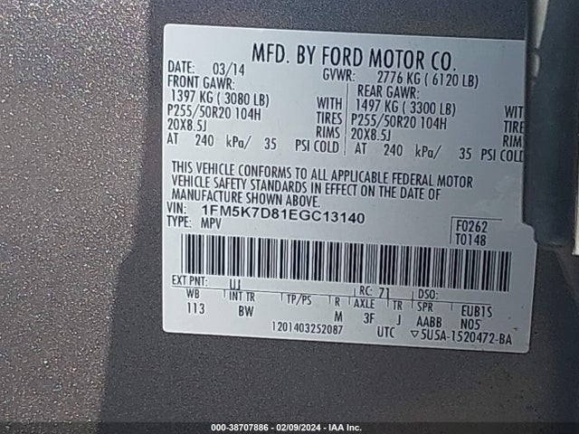 Ford EXPLORER XLT 2014 1FM5K7D81EGC13140 Image 9