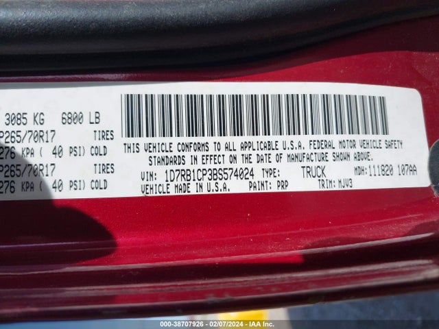 2011 RAM RAM 1500 SLT VIN: 1D7RB1CP3BS574024