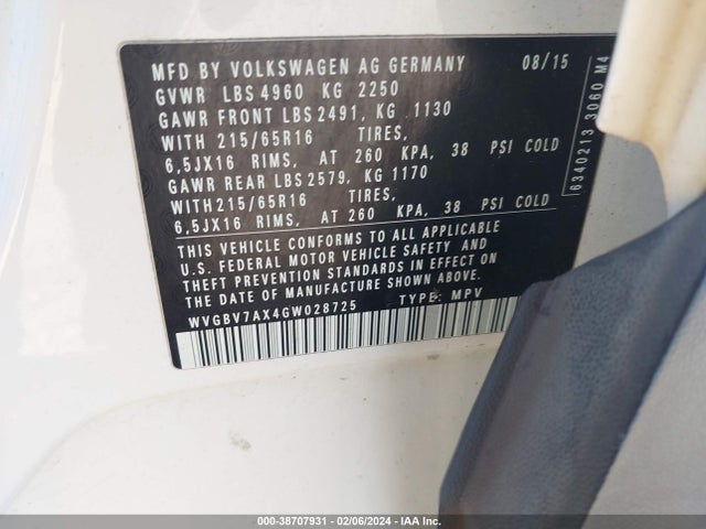 WVGBV7AX4GW028725 Volkswagen TIGUAN S