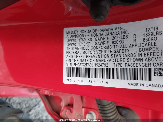 Honda Civic Lx 2020 2HGFC2F60LH524792 Image 9
