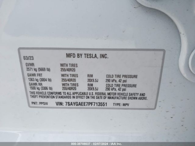 7SAYGAEE7PF713551 Tesla Model Y Awd/long Range Dual Motor All-wheel Drive