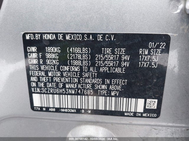 Honda Hr-v Awd Ex 2022 3CZRU6H53NM747685 Image 9