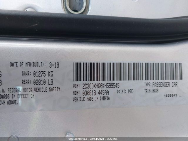 2C3CDXHG0KH599545 Dodge Charger Gt Rwd