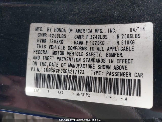 Honda ACCORD LX 2014 1HGCR2F3XEA217123 Image 9