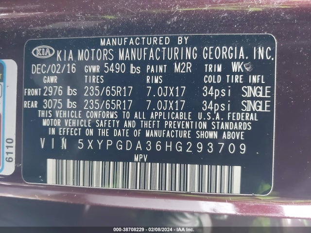KIA Sorento 2.4l Lx 2017 5XYPGDA36HG293709 Image 9