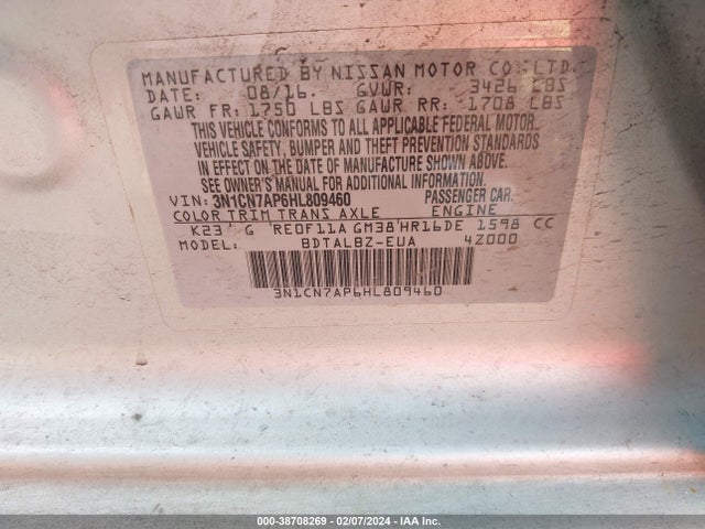Nissan Versa 1.6 Sv 2017 3N1CN7AP6HL809460 Image 9