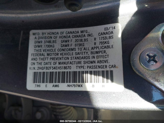 Honda Civic Lx 2014 2HGFB2F54EH518670 Image 9