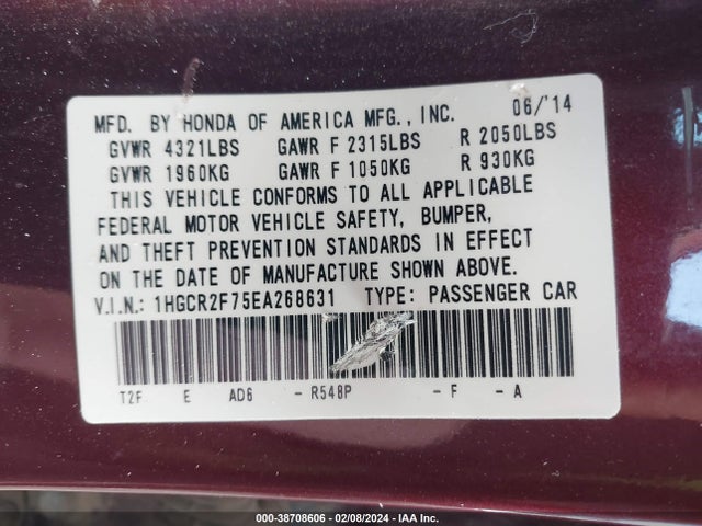 Honda ACCORD EX 2014 1HGCR2F75EA268631 Image 9