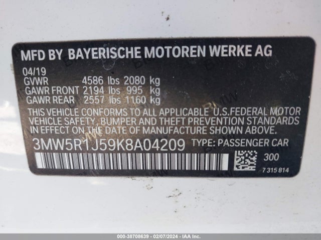 BMW 330I 2019 3MW5R1J59K8A04209 Image 9