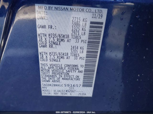 5N1DR2BNXLC591657 Nissan Pathfinder Sv 2wd