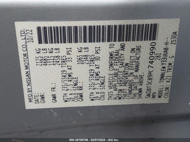 5N1BT3CB9PC740990 Nissan Rogue Sl Intelligent Awd