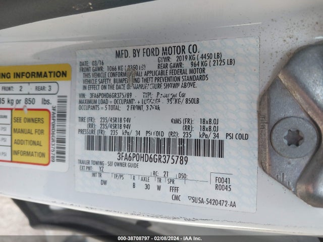 Ford FUSION SE 2016 3FA6P0HD6GR375789 Image 9