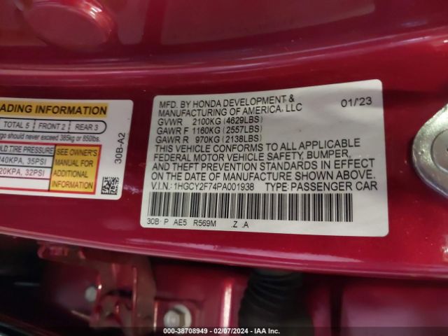 1HGCY2F74PA001938 Honda Accord Hybrid Sport-l