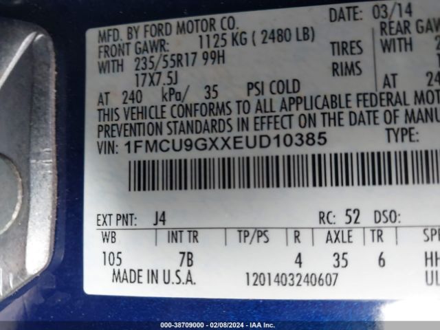 1FMCU9GXXEUD10385 Ford ESCAPE SE