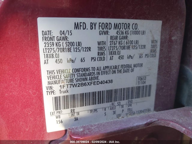 Ford F-250 Xlt 2015 1FT7W2B6XFED40438 Image 9