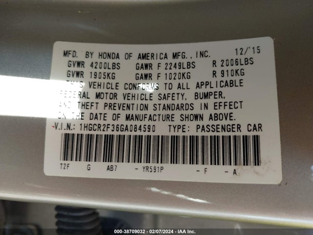 Honda ACCORD LX 2016 1HGCR2F36GA084590 Image 9